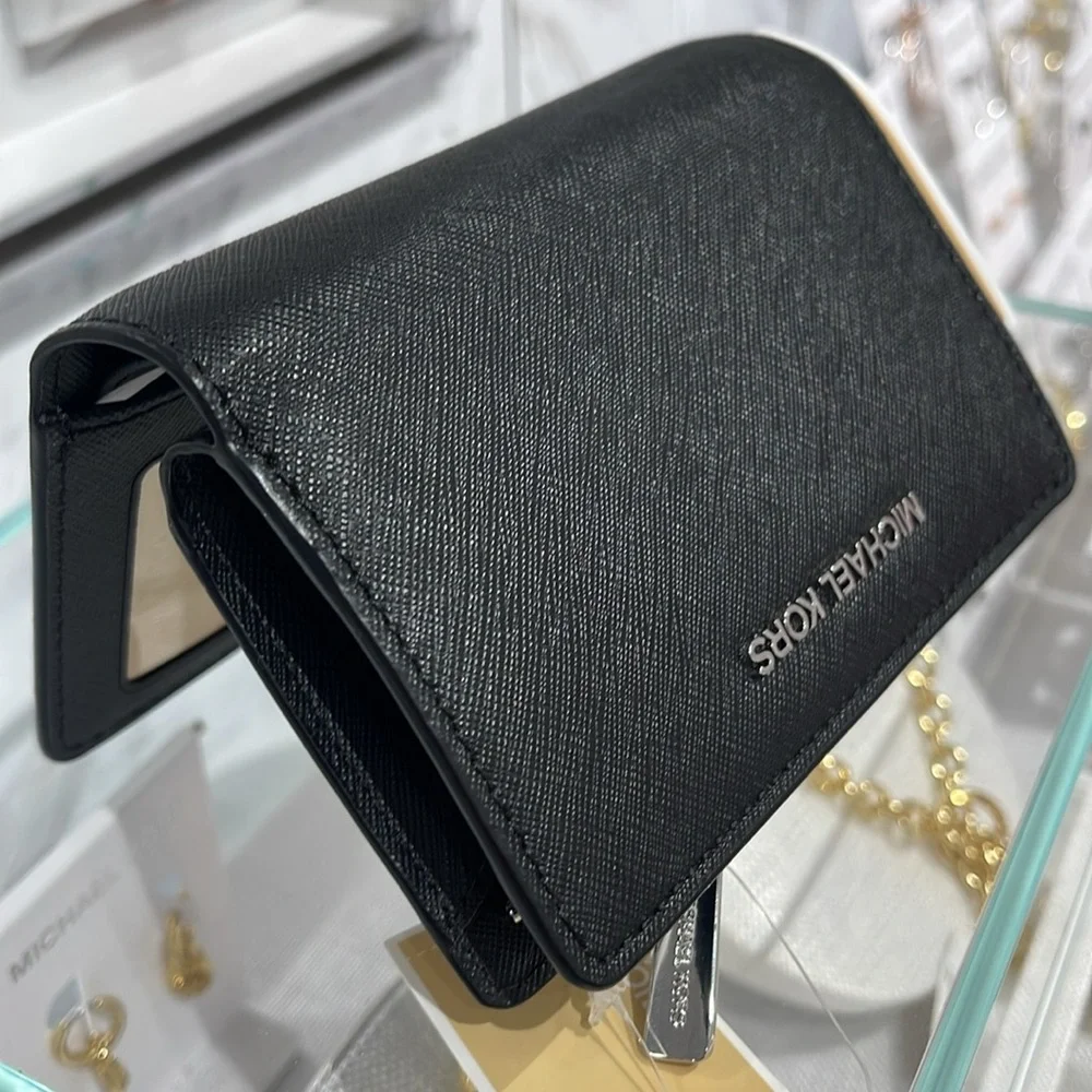 Michael Medium Crossgrain Leather Bifold Wallet Black  NWT